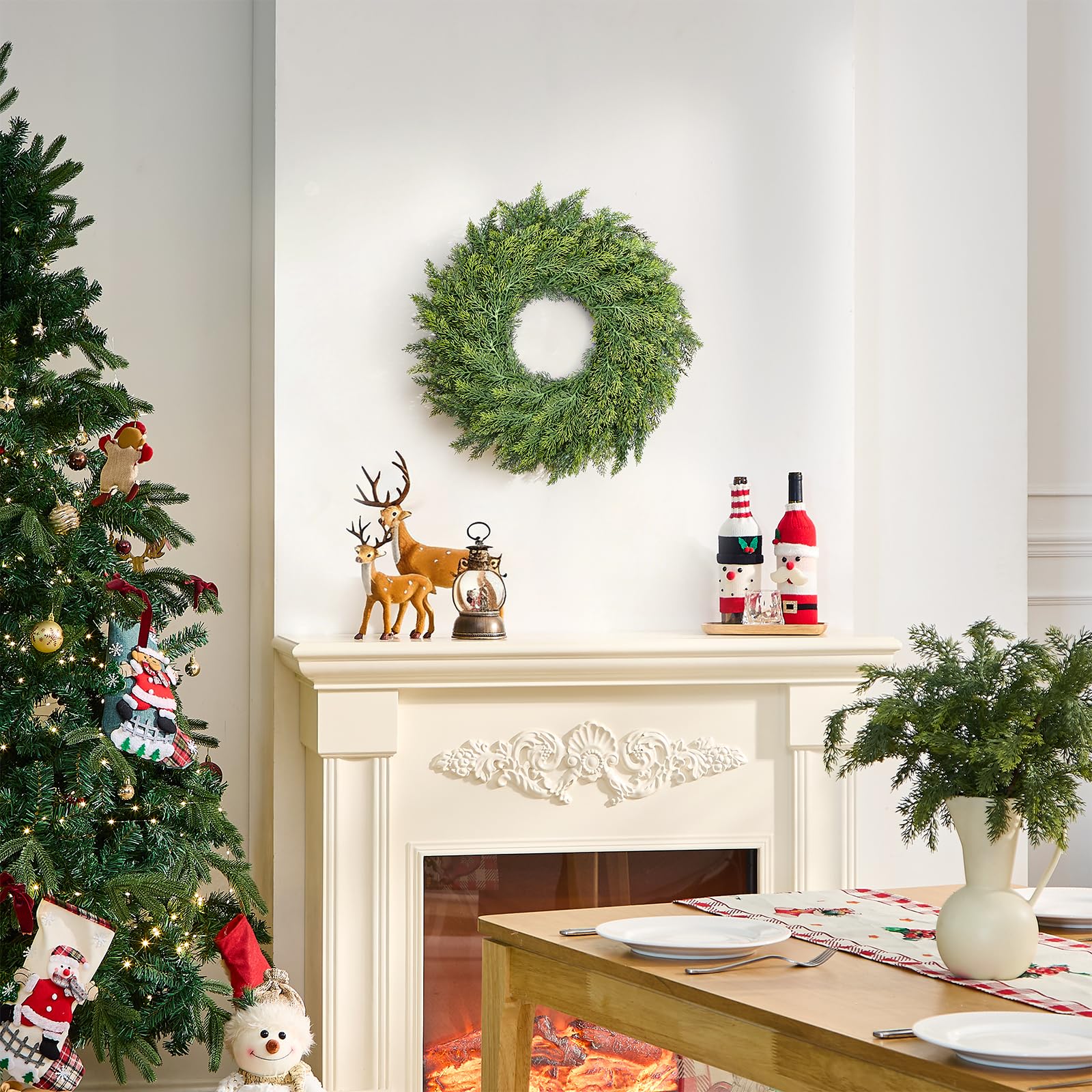 MEUIS wreath next to a door showing true 22-inch scale for sizing confidence