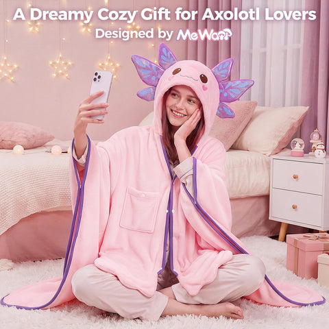 Mewaii axolotl hood detail highlighting character features and warmth