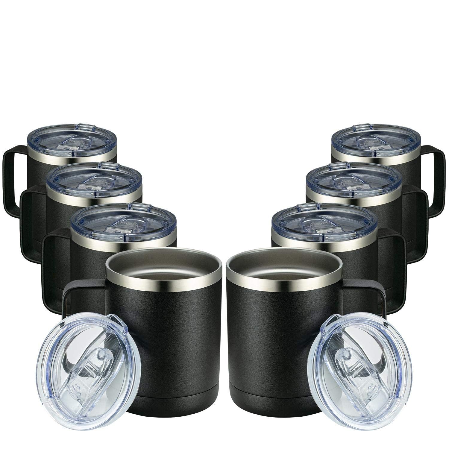 MEWAY front view of eight 12oz black mugs showing matching set benefit