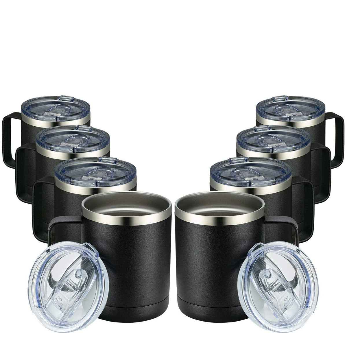 MEWAY front view of eight 12oz black mugs showing matching set benefit