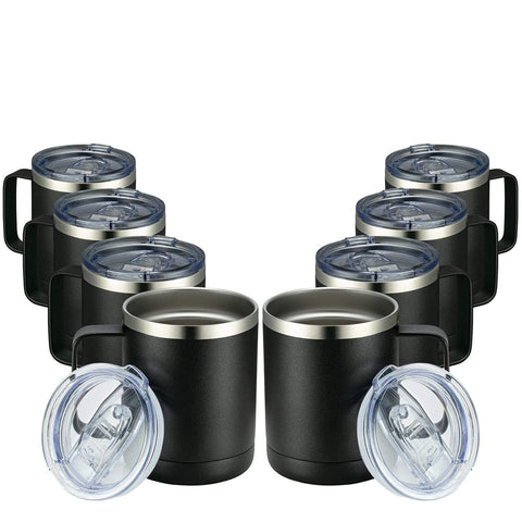 MEWAY front view of eight 12oz black mugs showing matching set benefit