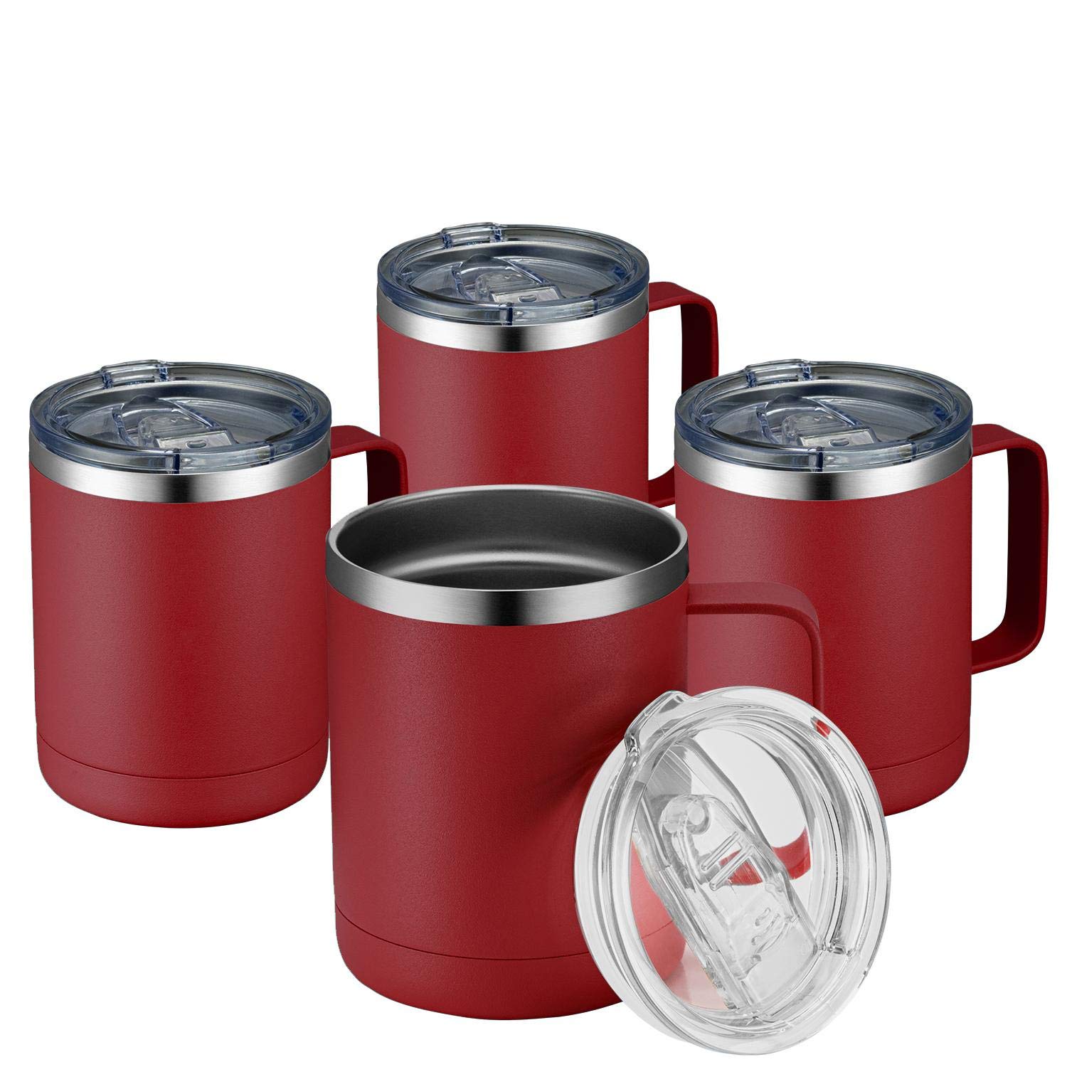 MEWAY front view of four red 12oz mugs showing durable design