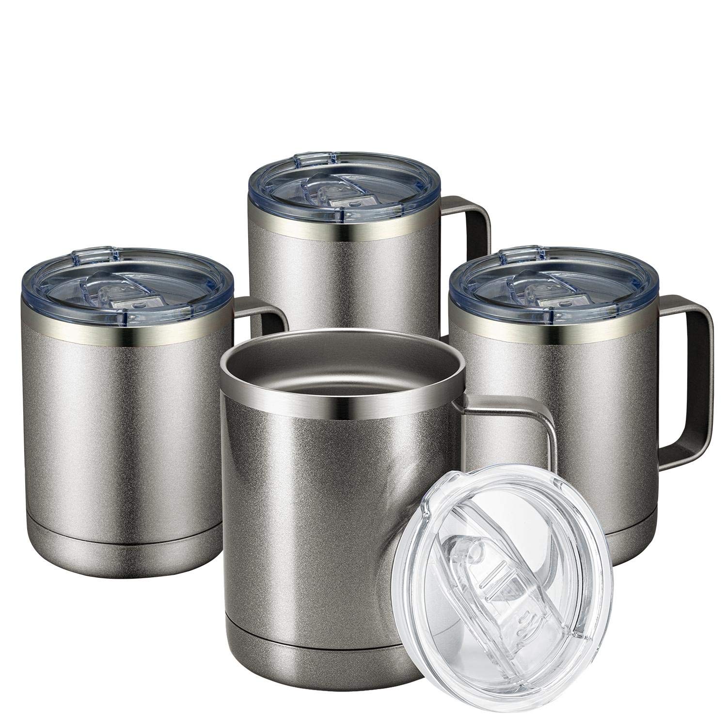 MEWAY front view of four cold grey mugs showing compact travel-ready design benefit