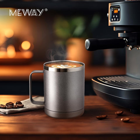 MEWAY mug shown in car cupholder proving space-saving fit and travel convenience benefit