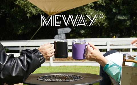 MEWAY mug beside hand illustrating compact 12oz size convenience