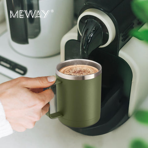 MEWAY 12oz cup held in hand showing compact travel-friendly size