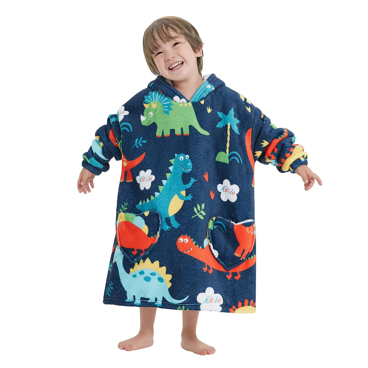 Mewkou dino front view showing oversized fit and cozy warmth