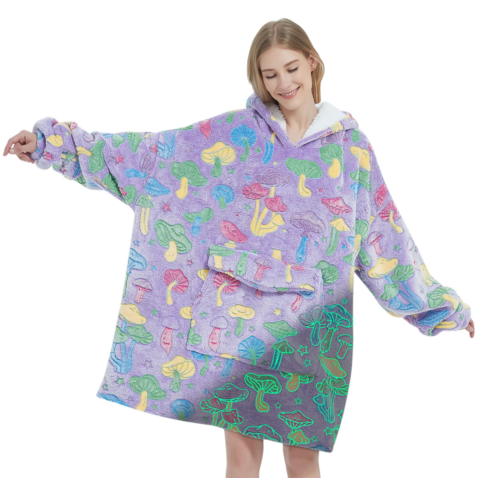 Mewkou front view showing cozy mushroom hoodie and oversized fit benefit