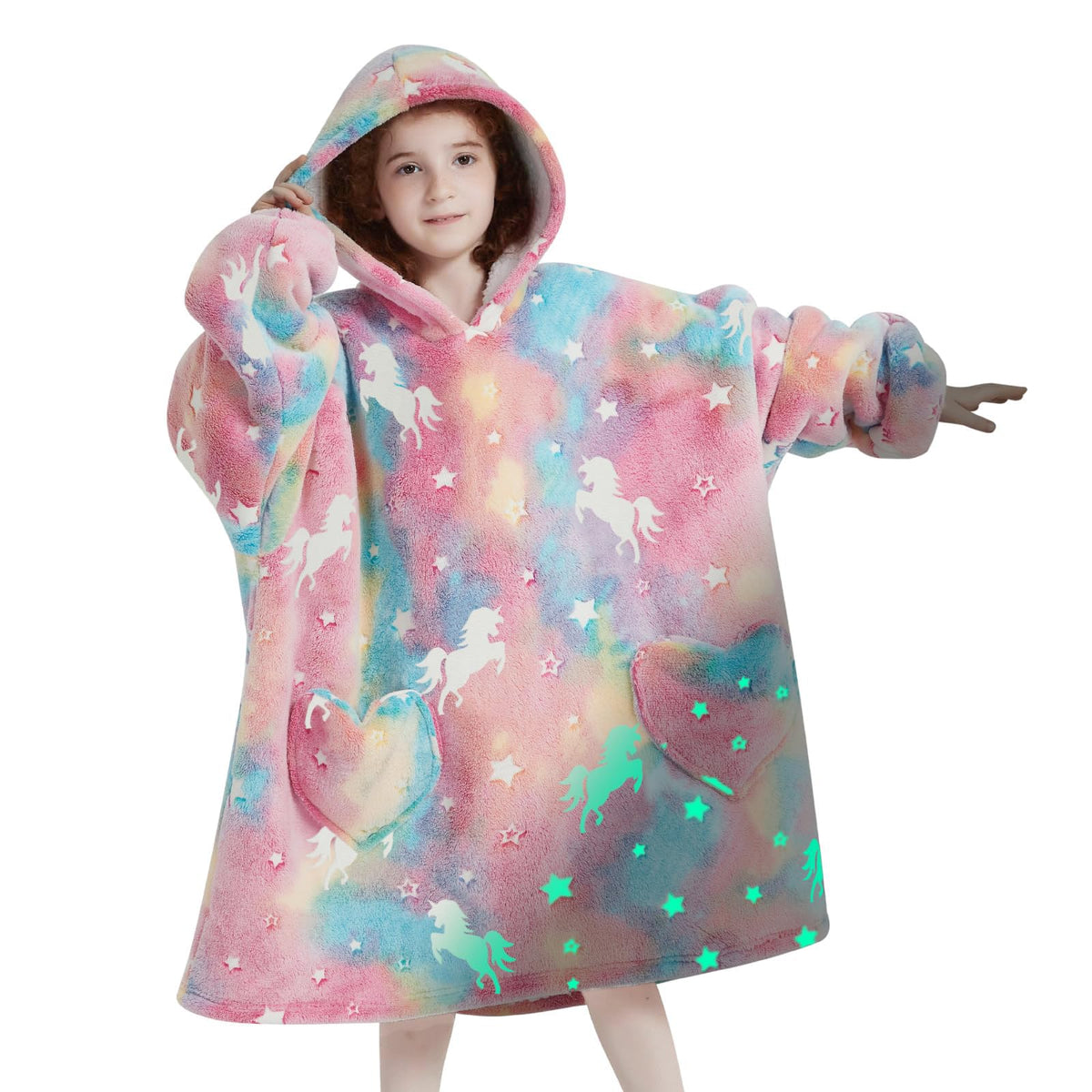 Mewkou front view of oversized hoodie showing unicorn design and full coverage