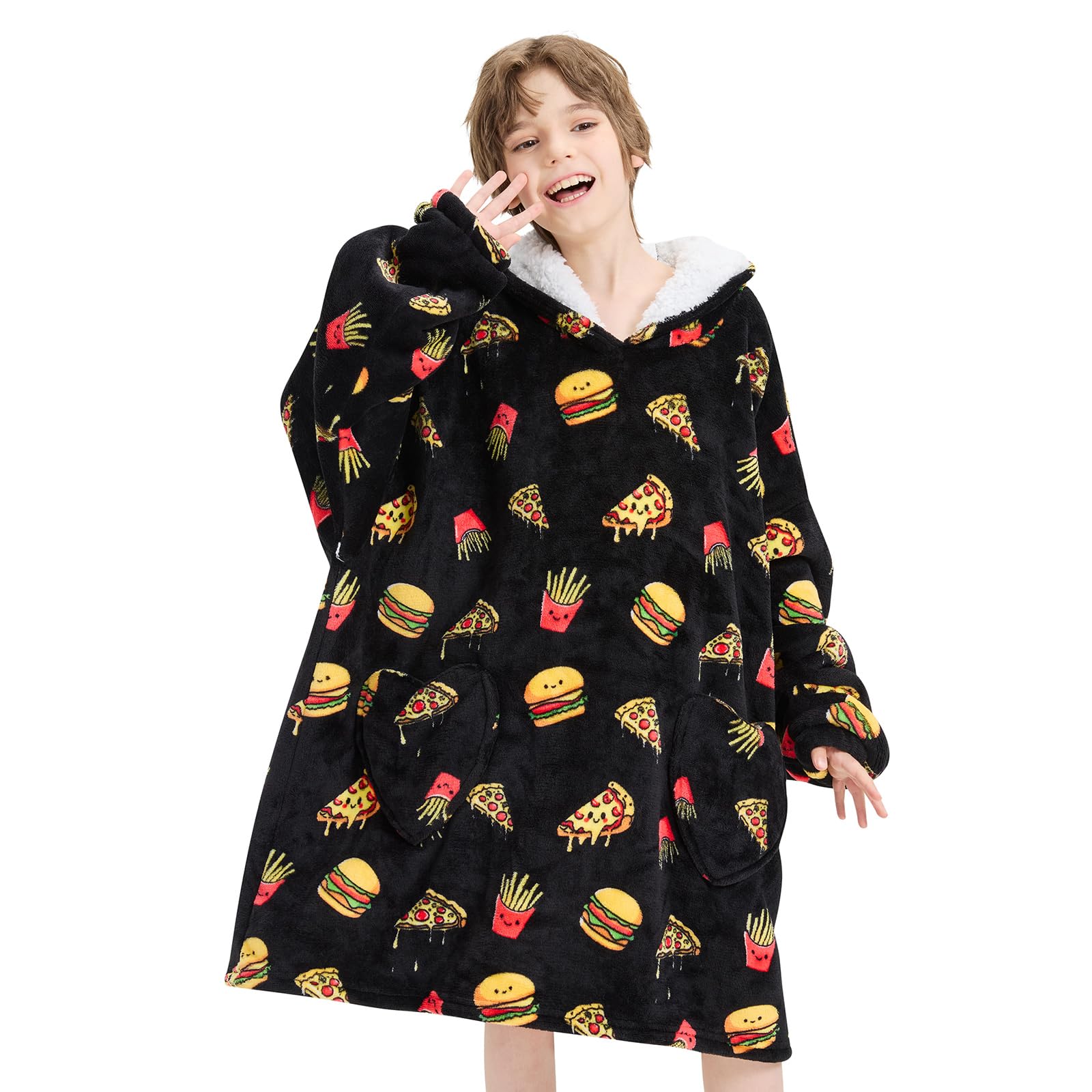Mewkou front view hamburger hoodie showing playful design and comfort