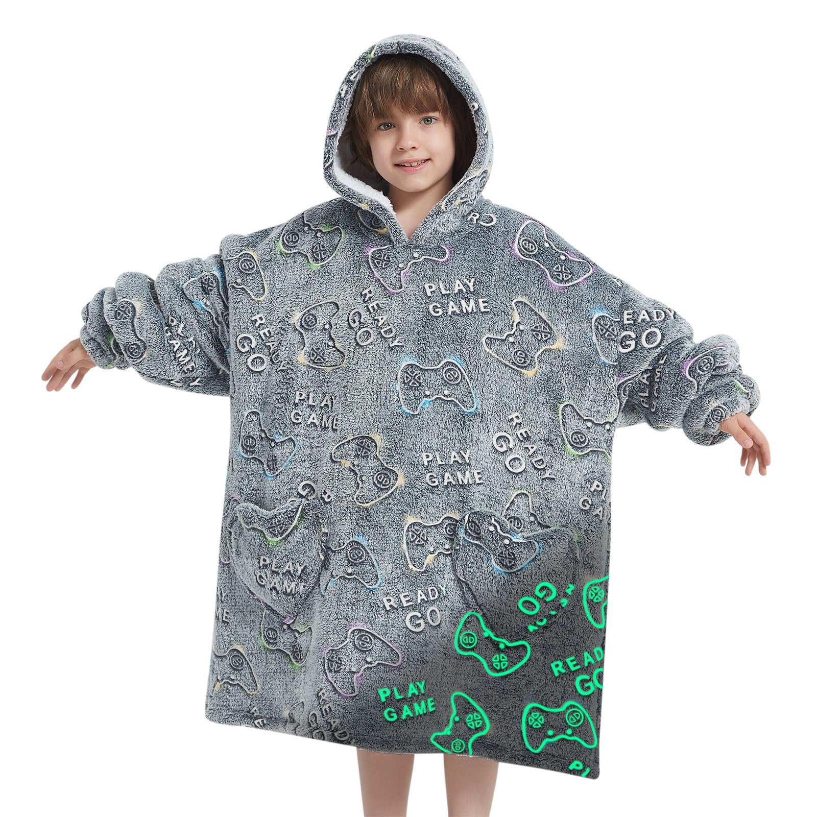 Mewkou front view with hood up showing oversized cozy fit and coverage