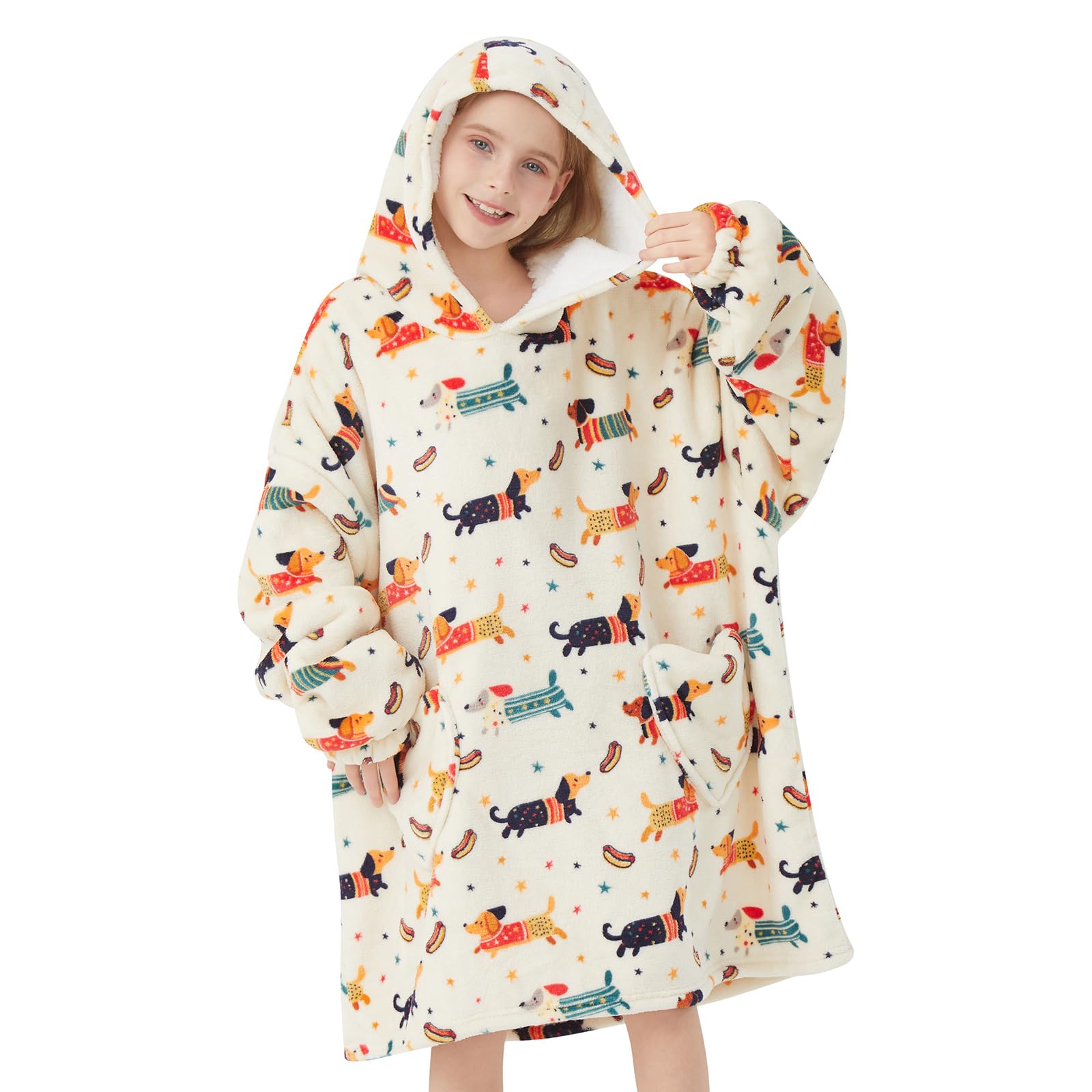 Mewkou front view hoodie Dachshund showing cozy oversized cut and warm hood