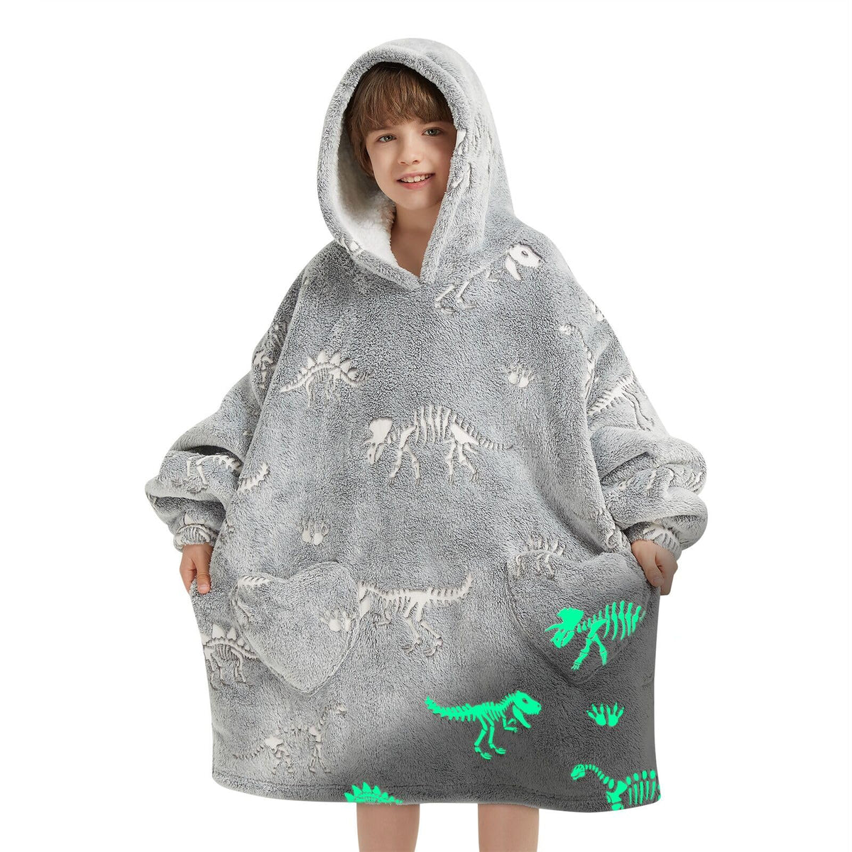 Mewkou front view hoodie showing glow-in-the-dark dinosaur print for playful warmth