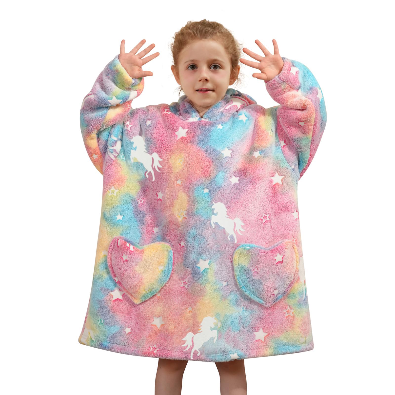 Mewkou front view rainbow unicorn hoodie shows playful design and coverage