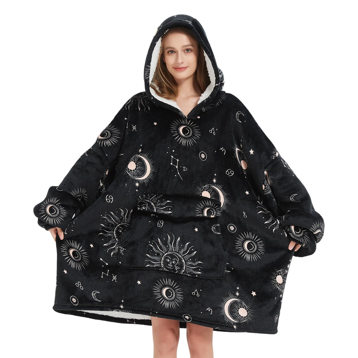Mewkou front view sun and moon design showing cozy oversized fit