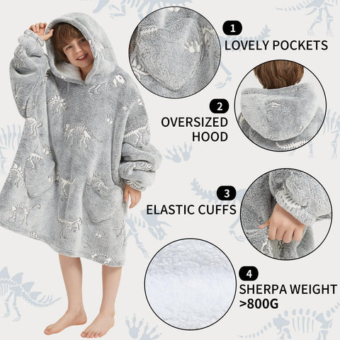 Mewkou hood with glowing dinosaur fossil detail for imaginative nighttime play