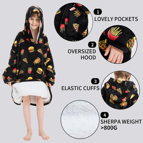 Mewkou hood fit on child demonstrating cozy coverage and protection