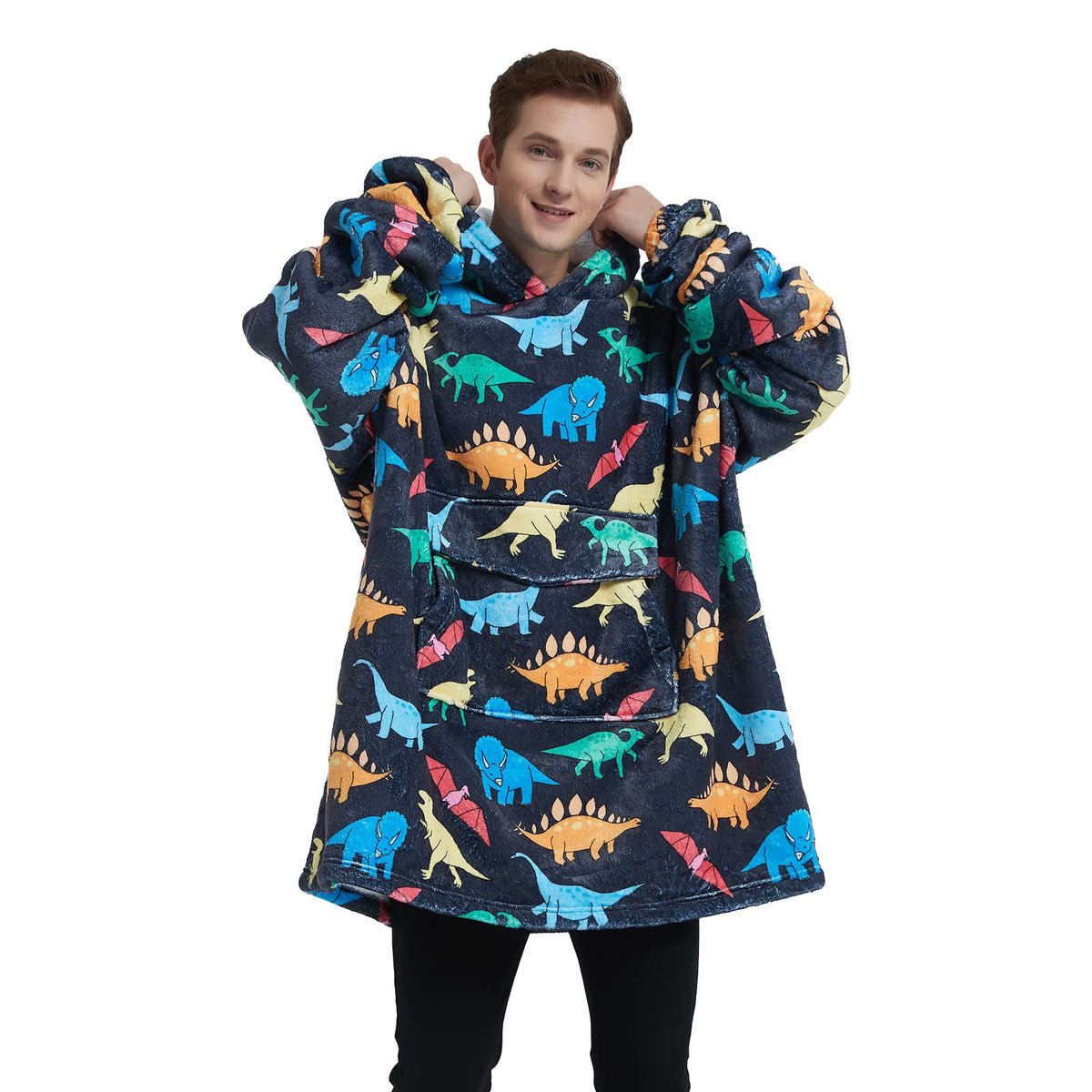 Mewkou hoodie front view showing oversized fit and playful dinosaur design for warmth
