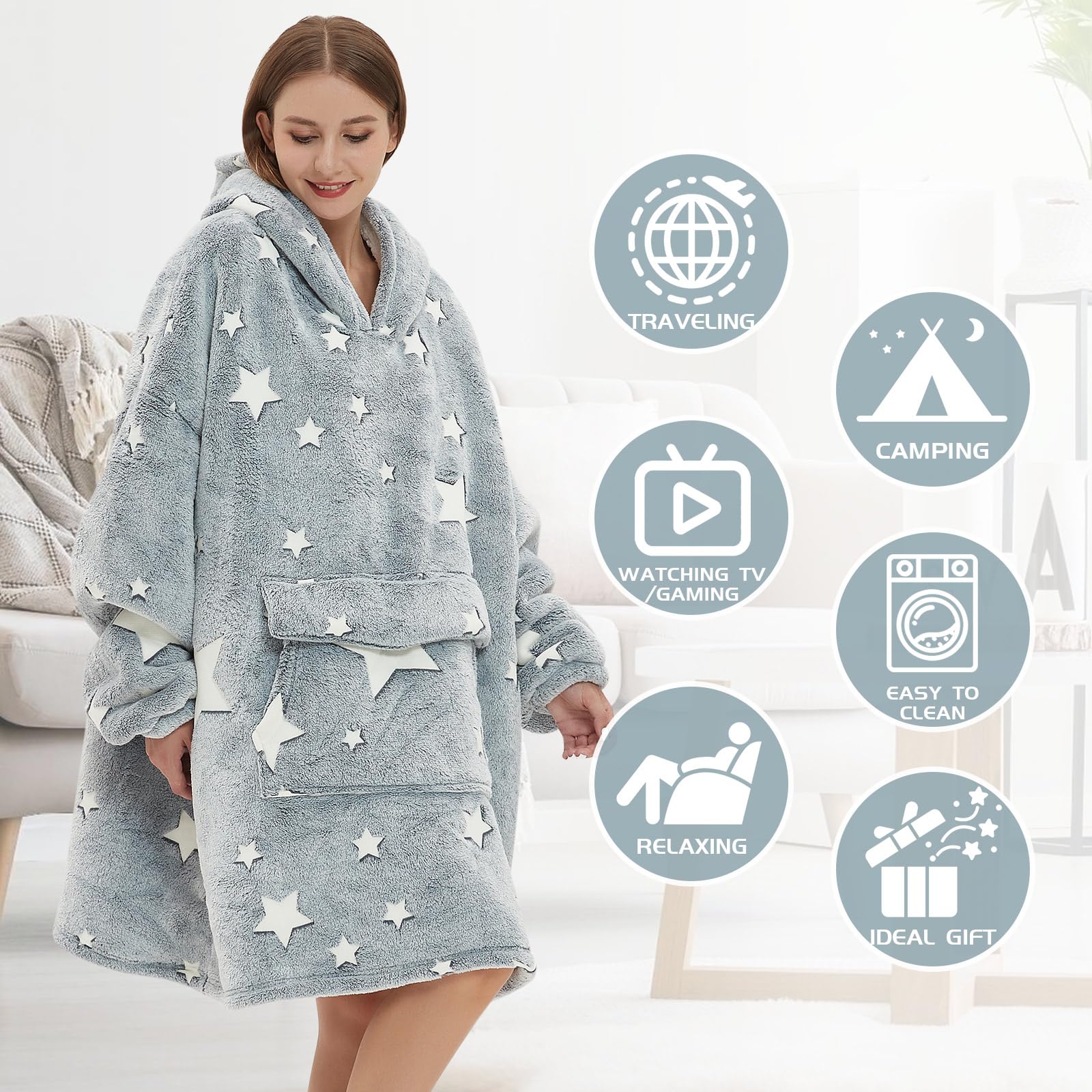 Mewkou hoodie worn by model in living room showing relaxed, roomy fit