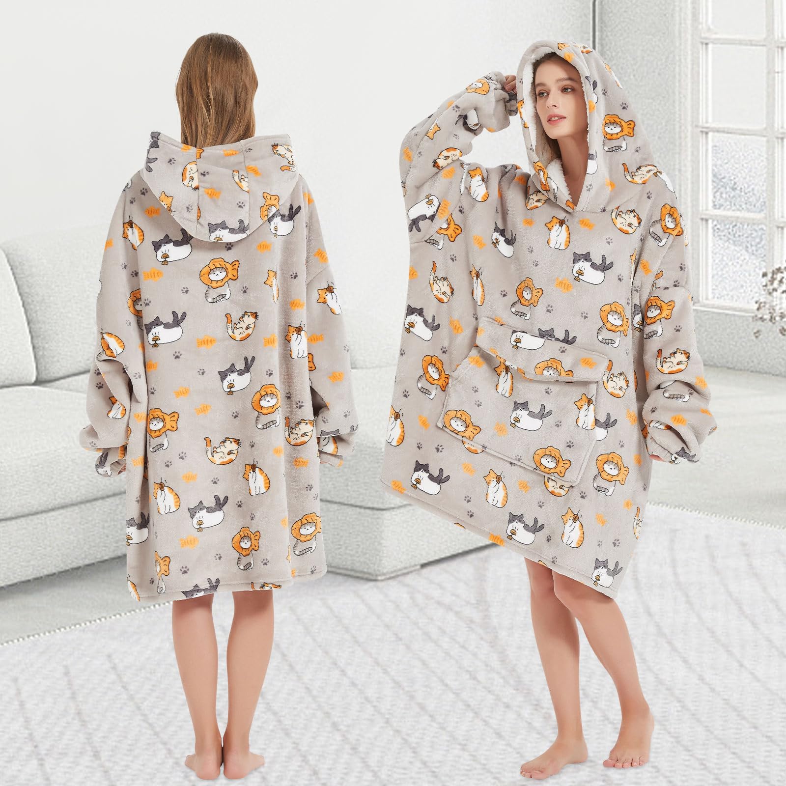 Mewkou hoodie draped over chair showing one-size-fit scale