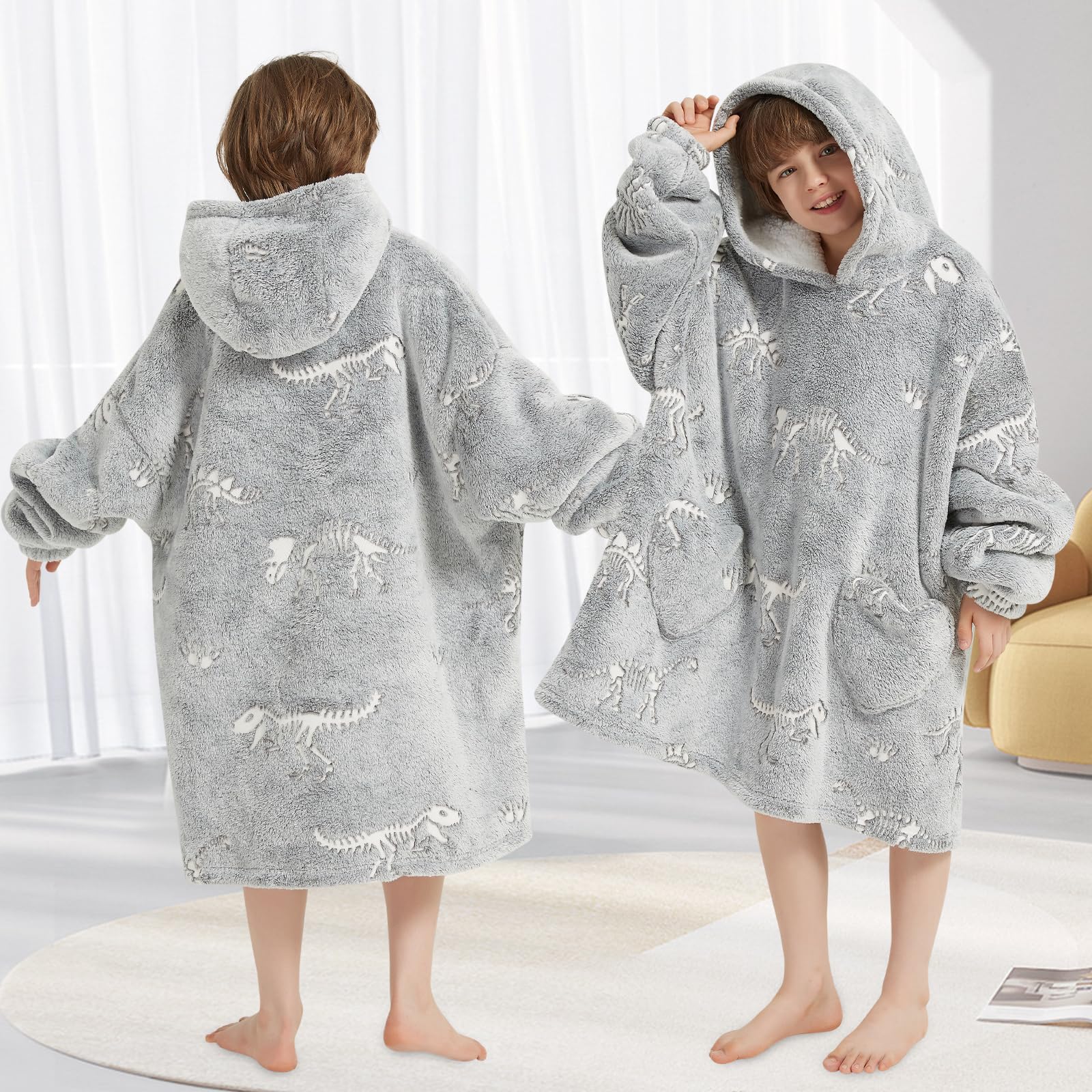 Mewkou size comparison on child illustrating oversized fit and room for layering