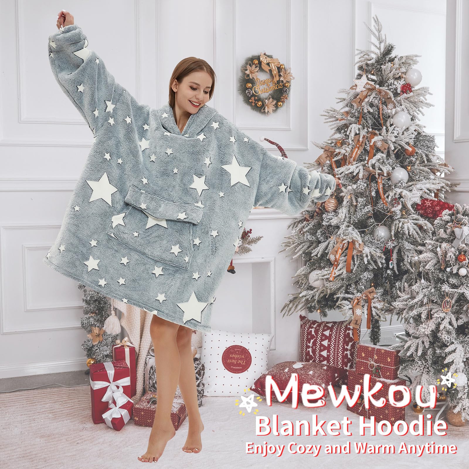 Mewkou hoodie draped on chair showing one-size scale and full coverage