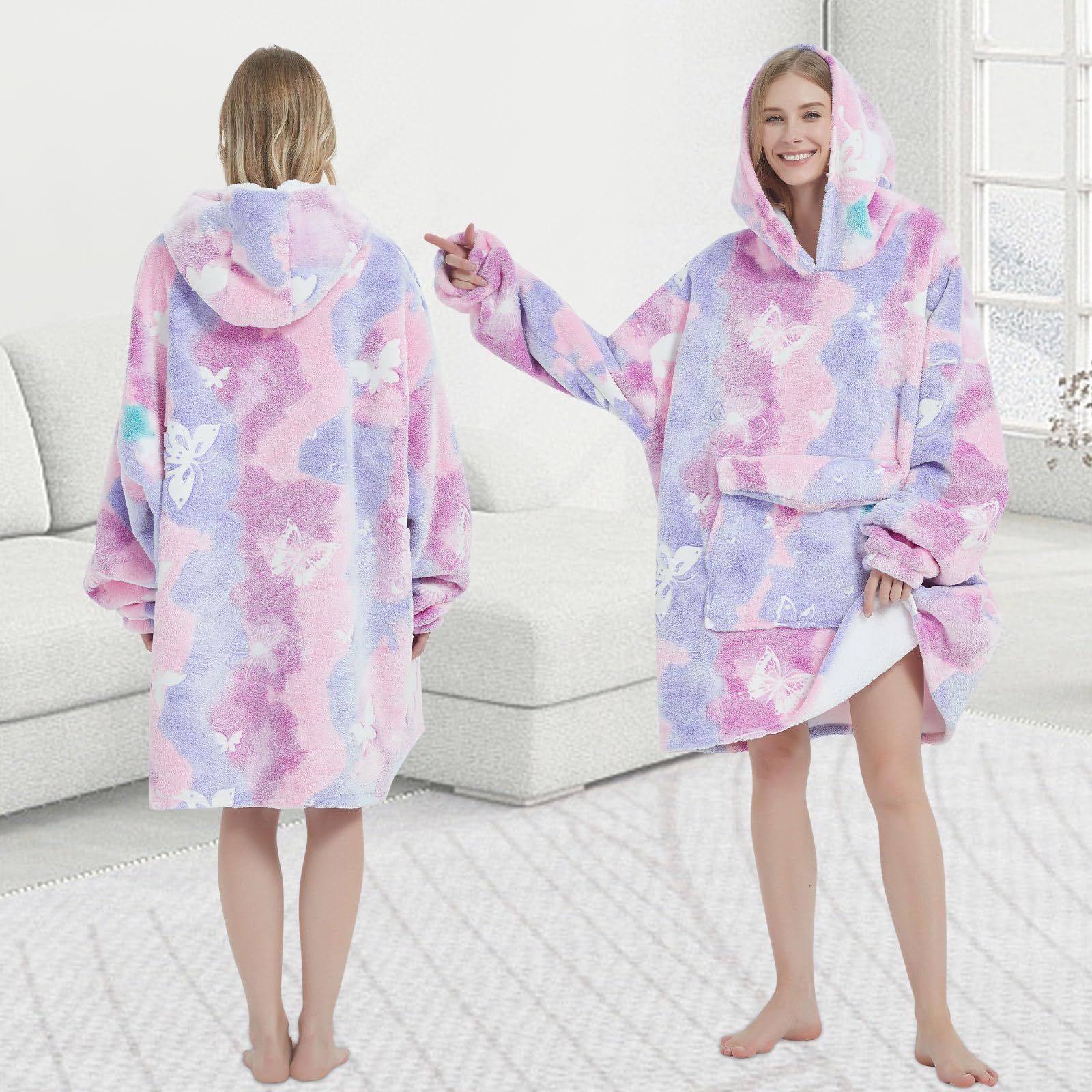 Mewkou hoodie on chair showing size and full-body coverage