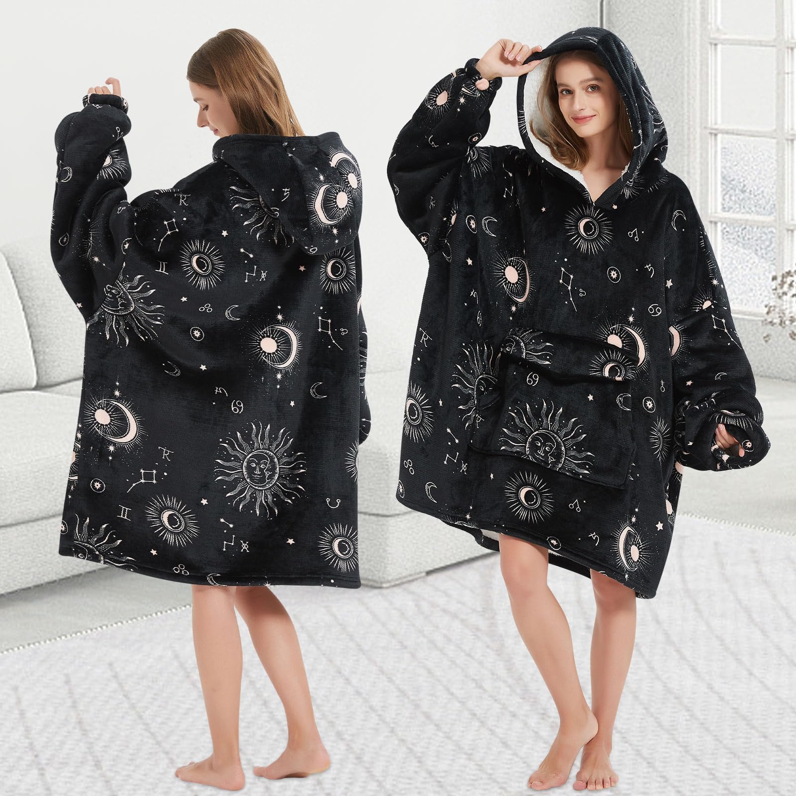 Mewkou size comparison on model illustrating roomy one-size fit