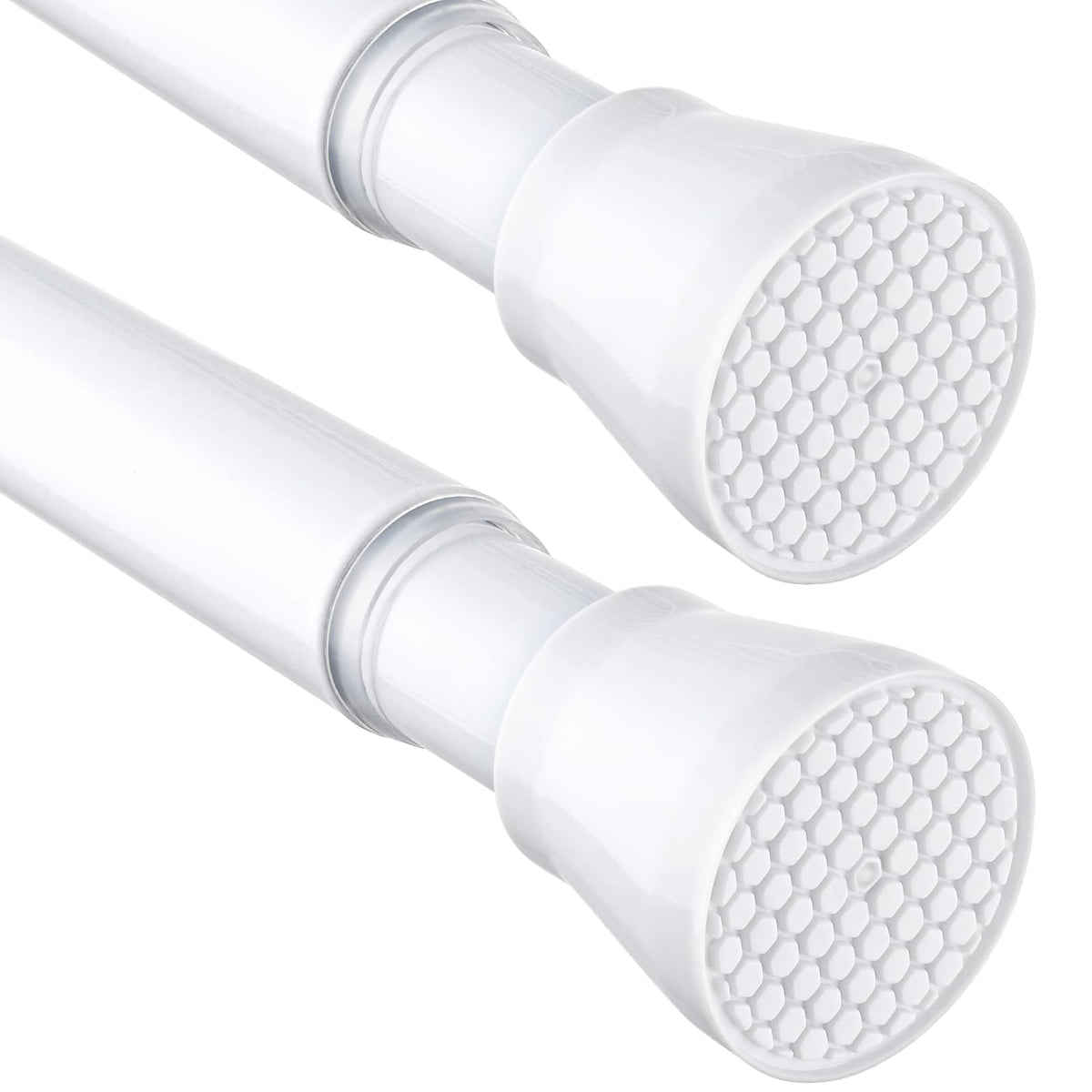 MEXAU front view pair showing two white tension rods and no-drill setup benefit