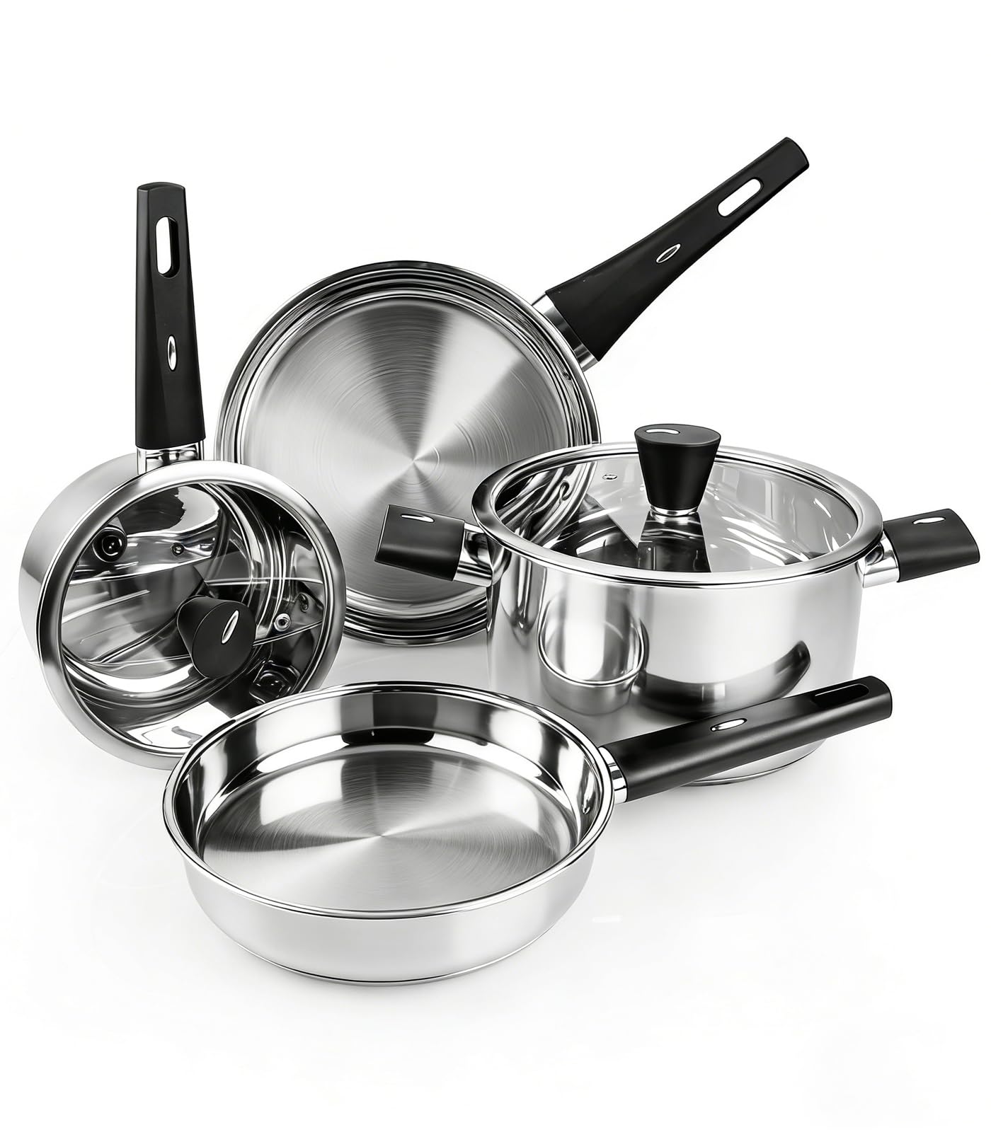 Meythway front view of full cookware set showing pieces and finish for versatile cooking