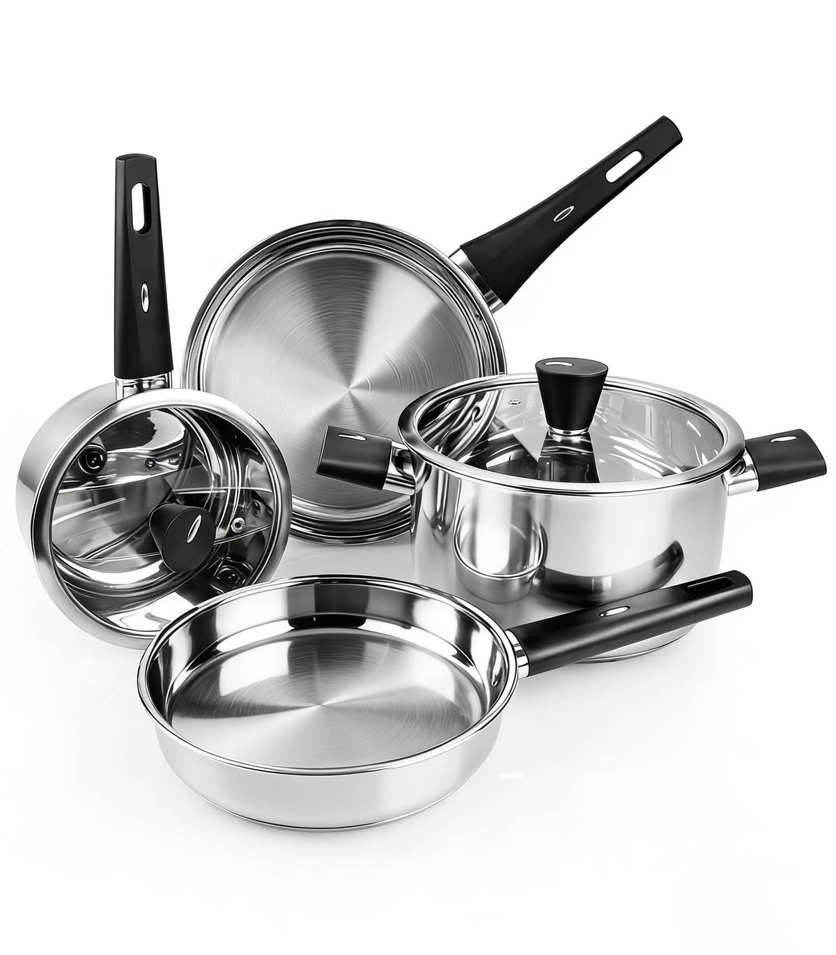 Meythway front view of full cookware set showing pieces and finish for versatile cooking