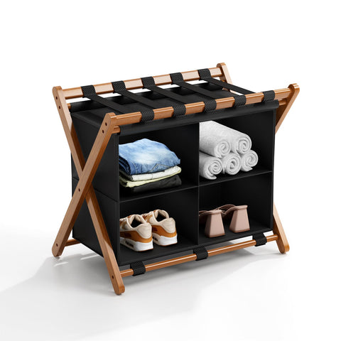 MHACVVO front view of bamboo luggage rack shows sturdy design and clear benefits