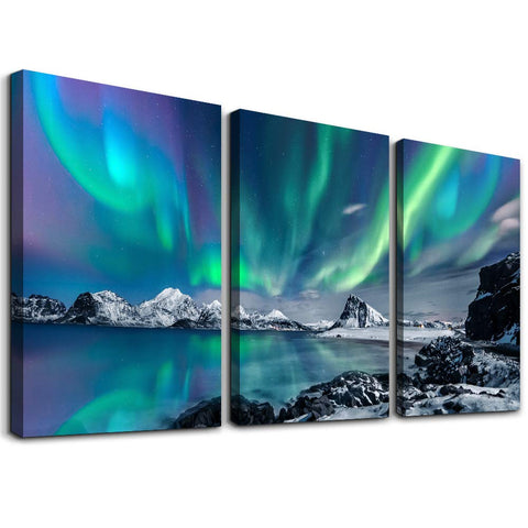 MHARTK66 front view of three-panel aurora mountain canvas showing cohesive panorama