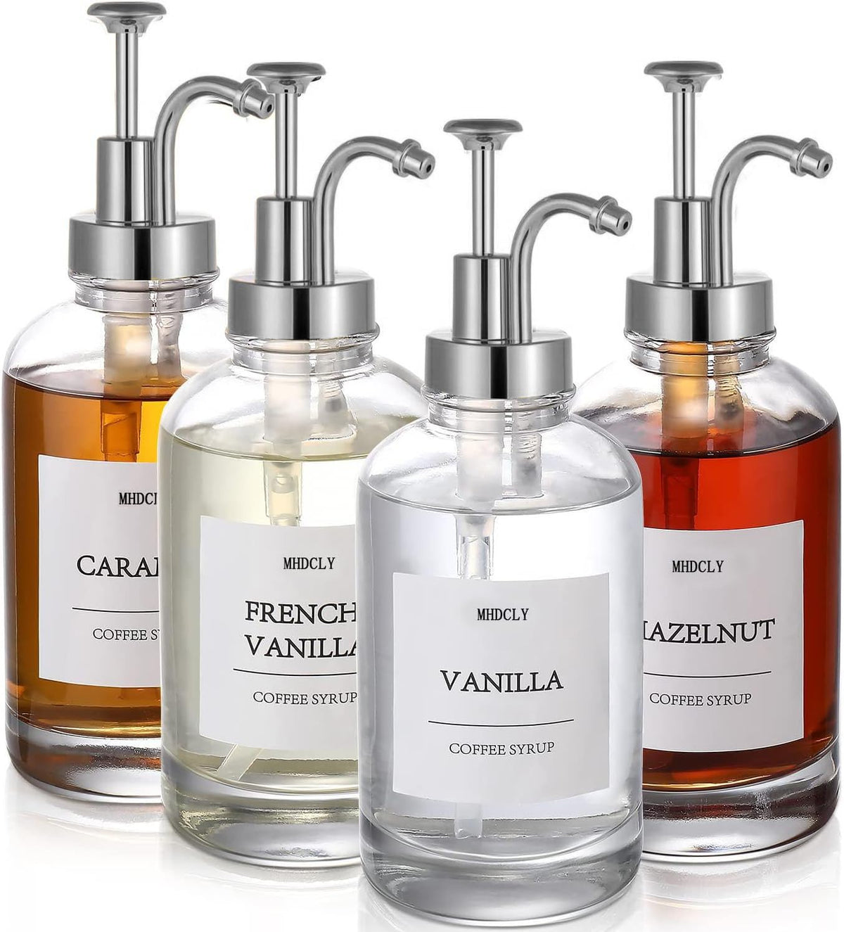 MHDCLY front view of four glass syrup bottles showing neat bar display benefit