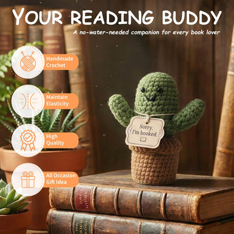 MHSMHL crochet cactus reading companion on a bookshelf adding charm and decorative comfort