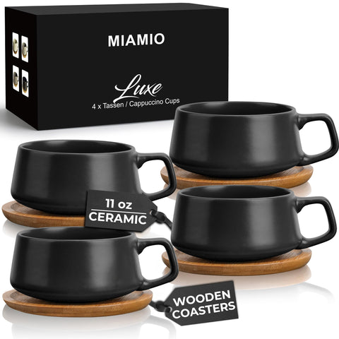 MIAMIO front packaging showing four black cups and wooden saucers, ready to gift
