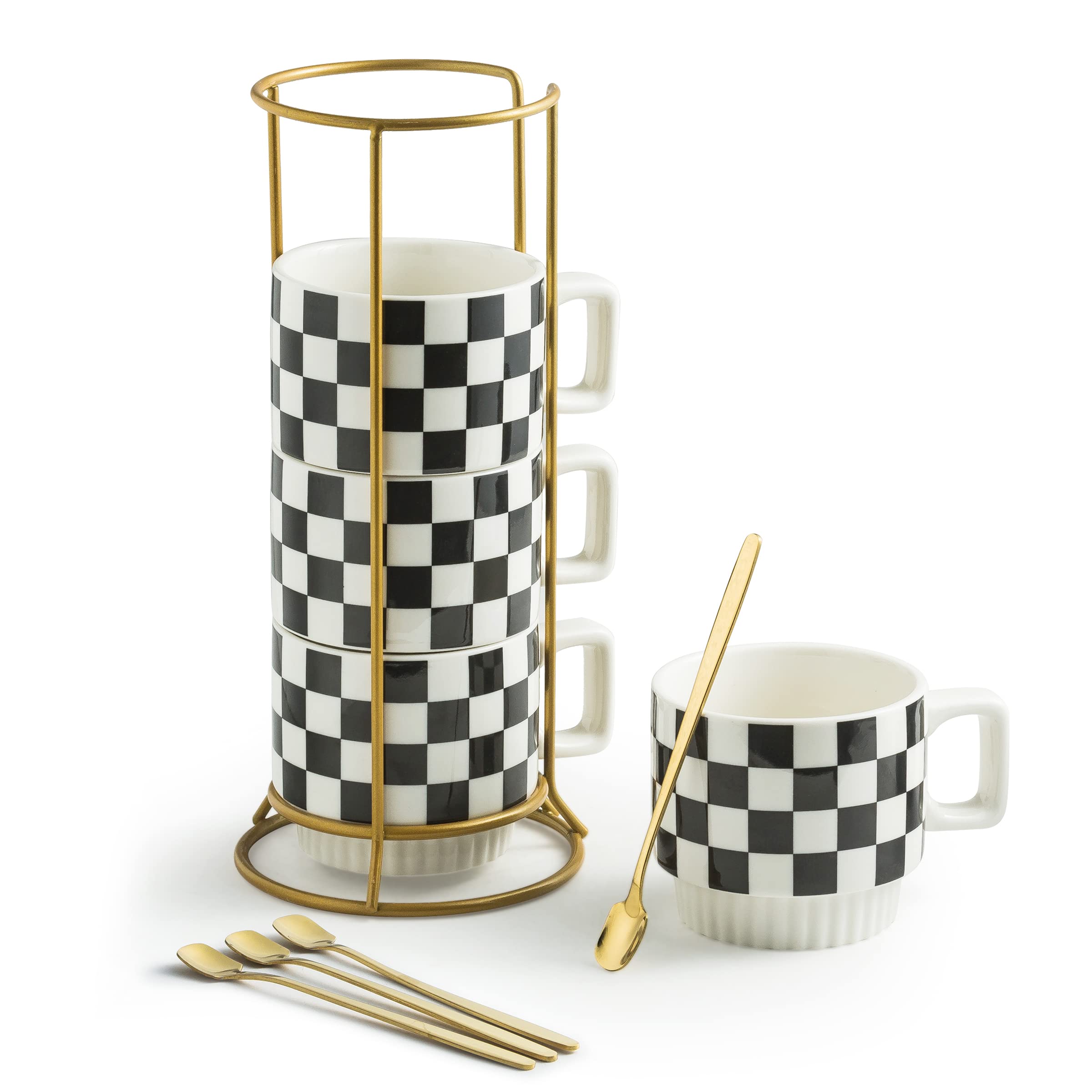 Miamolo front view with rack and four mugs showing compact storage benefit