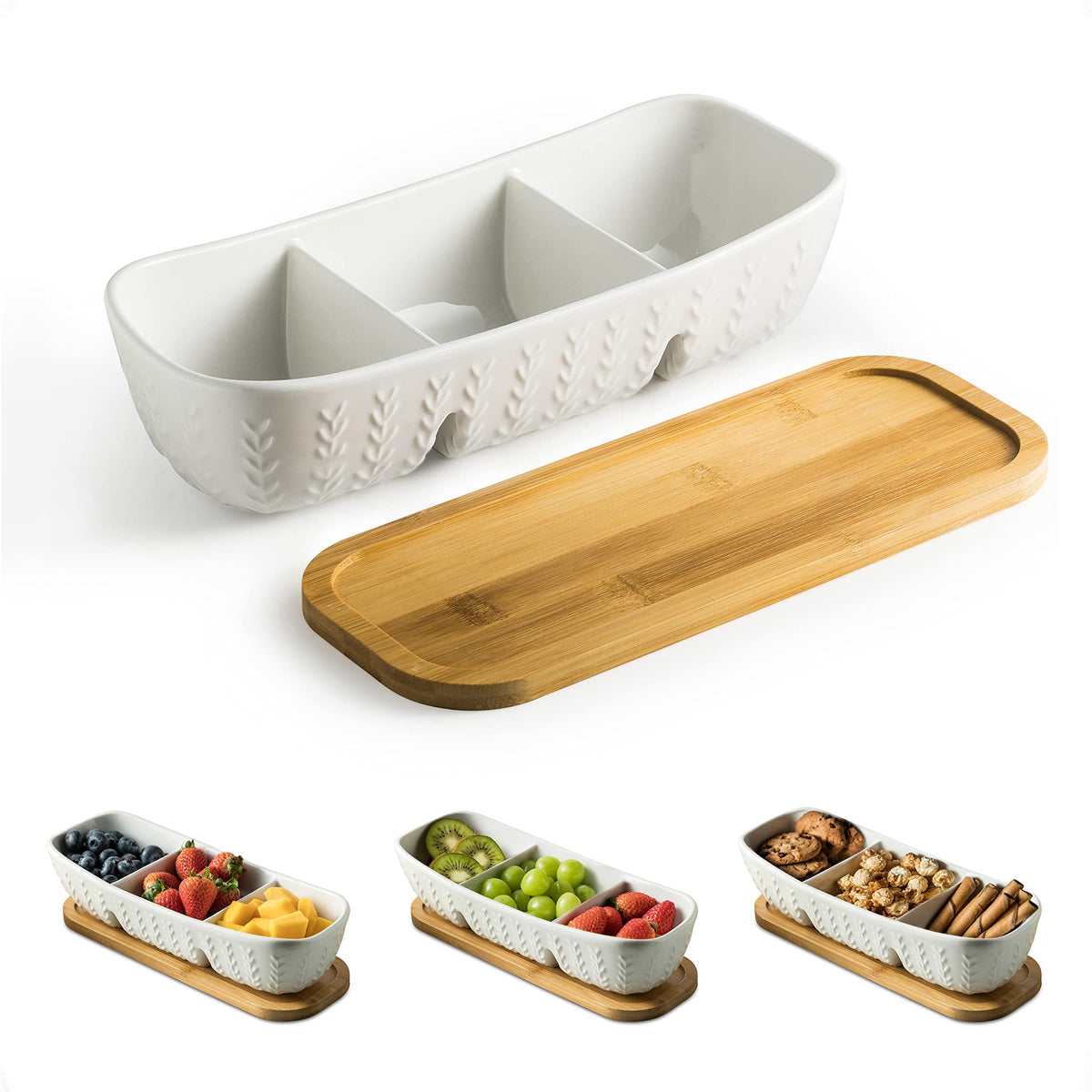 Miamolo front view of porcelain chip and dip set showcasing tidy presentation benefit