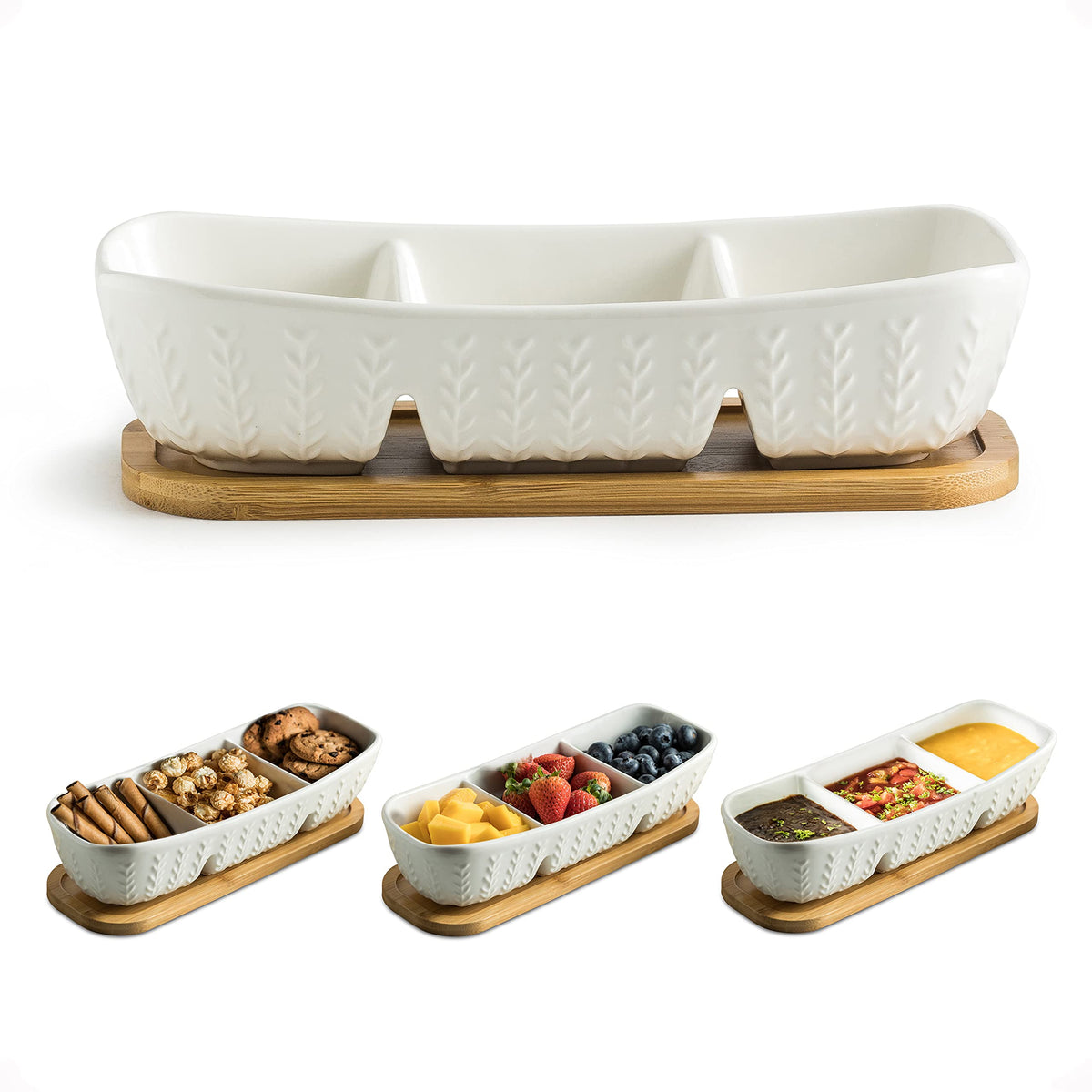 Miamolo front view showing three-compartment tray for elegant serving