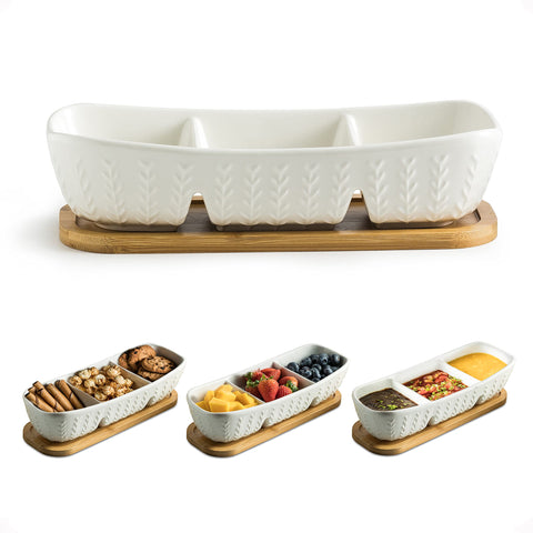 Miamolo front view showing three-compartment tray for elegant serving