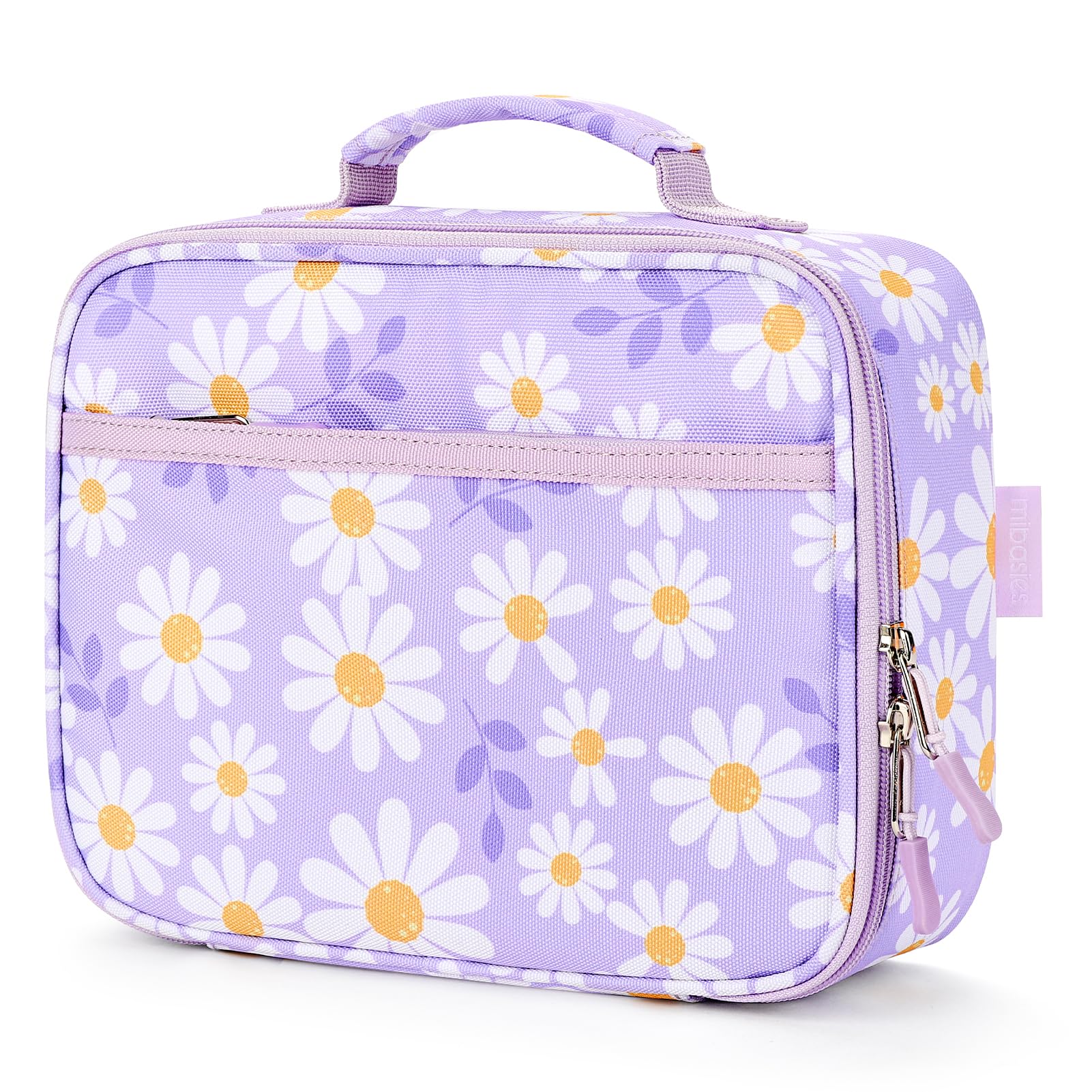 mibasies lunch box front view shows daisy design and durable fabric benefit organization