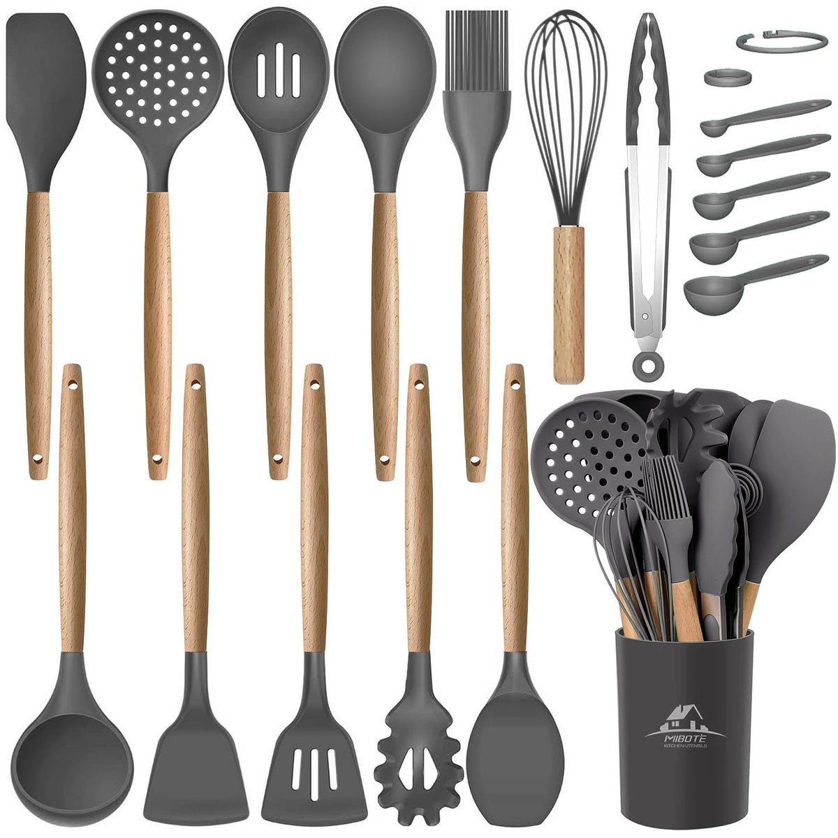 MIBOTE front view of full 17-piece grey set showing included utensils and organization benefit