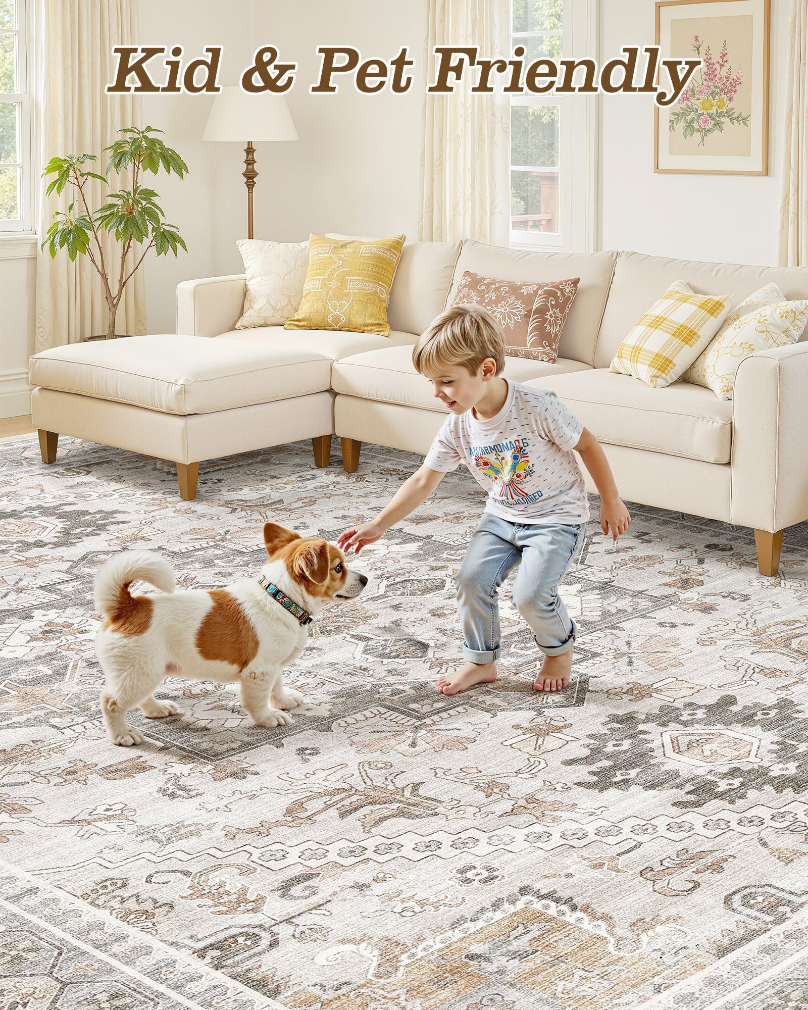 Micgeek rug beneath dining table showing stain resistance and easy cleanup benefit