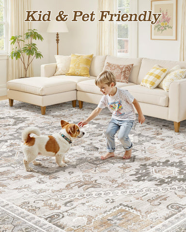 Micgeek rug beneath dining table showing stain resistance and easy cleanup benefit