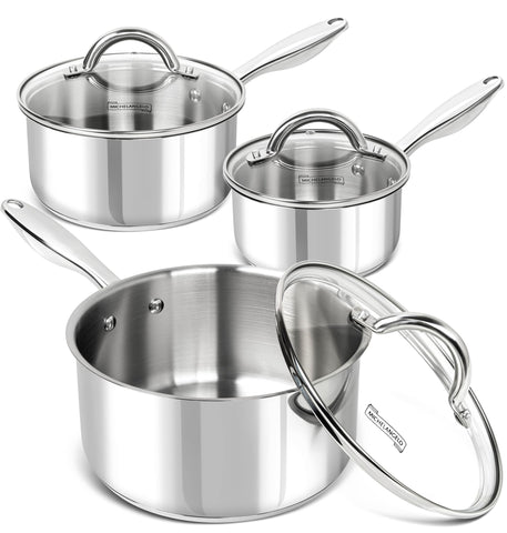 MICHELANGELO front view of three saucepans with lids showing set benefit