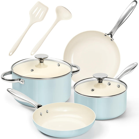 MICHELANGELO front view of full blue cookware set showing included pieces and lids
