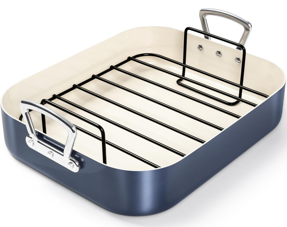 MICHELANGELO front view haze blue roaster shows elegant finish and family-size capacity