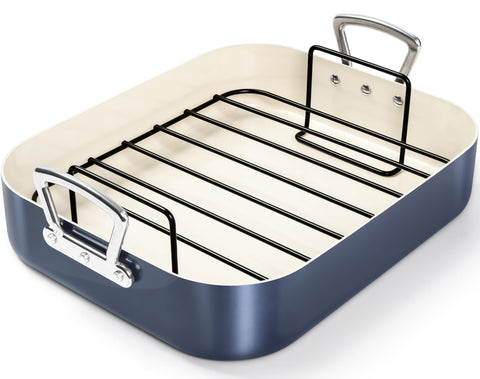 MICHELANGELO front view haze blue roaster shows elegant finish and family-size capacity