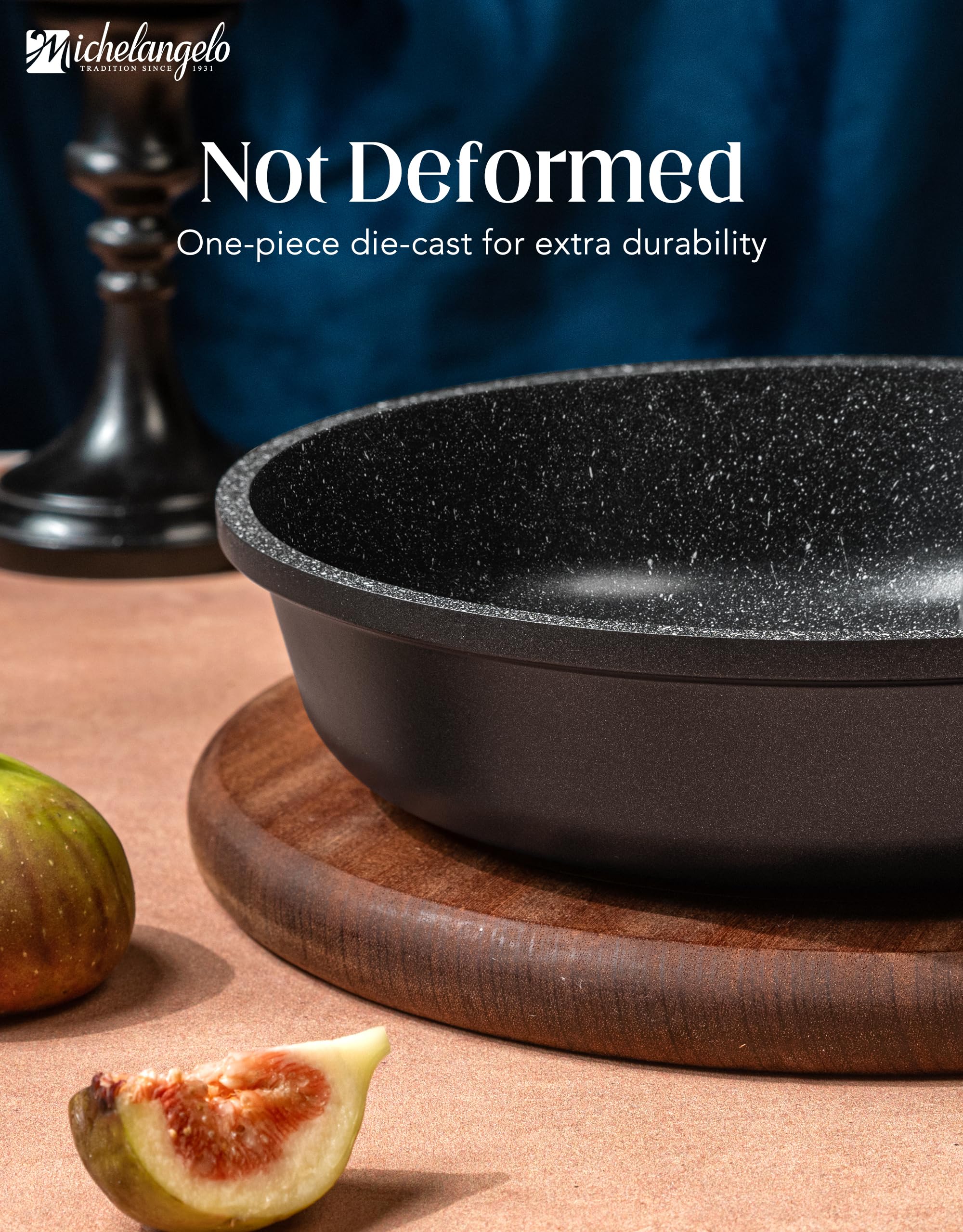 MICHELANGELO skillet cooking eggs and pancakes illustrating quick release and effortless flipping