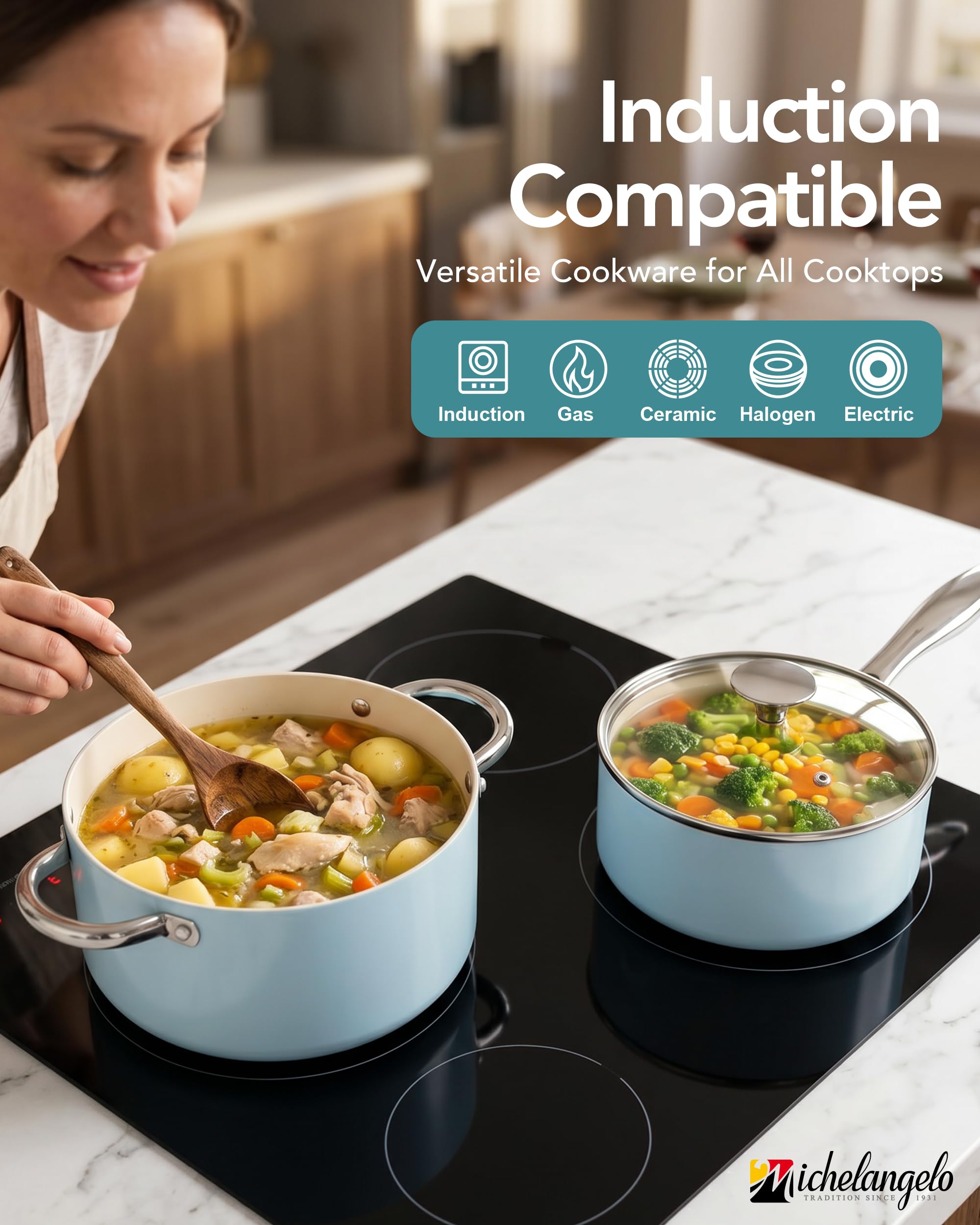 MICHELANGELO fry pan on induction cooktop cooking egg with quick release benefit